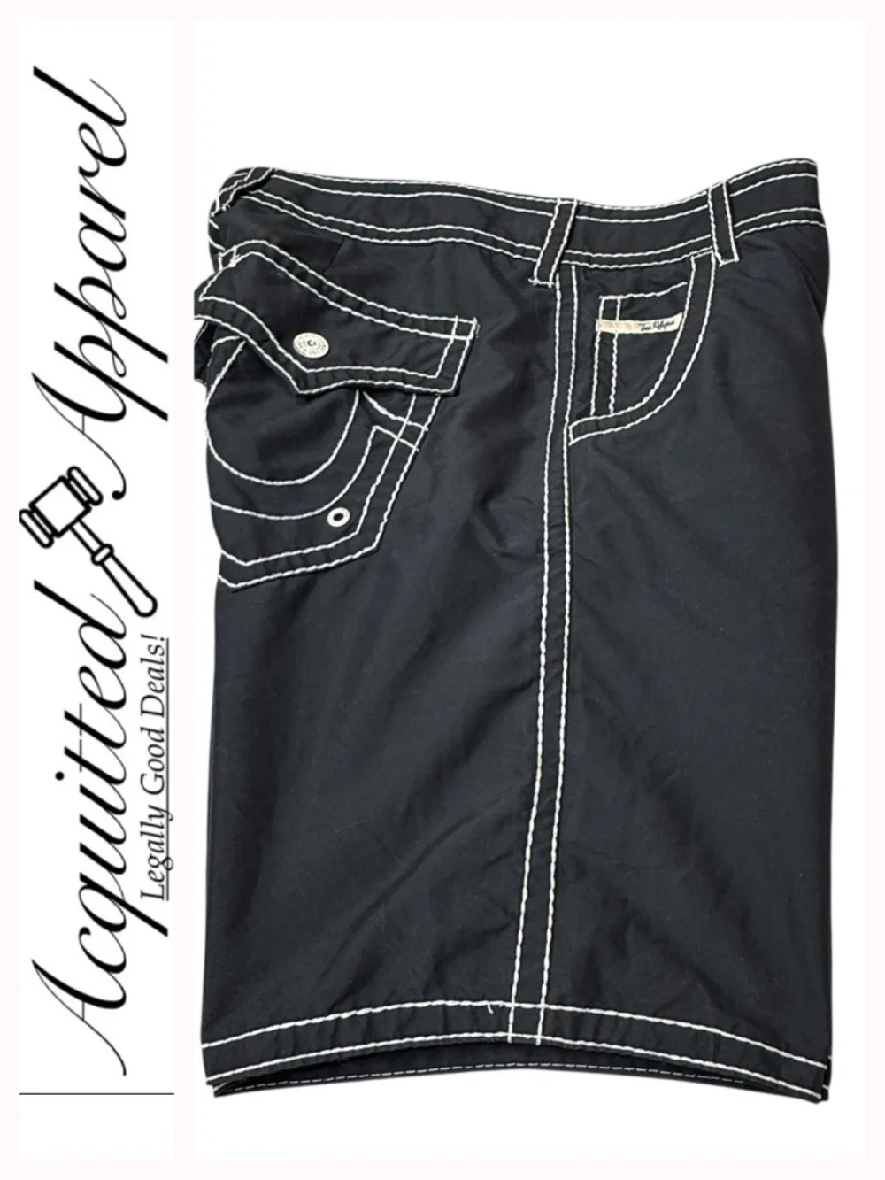 True Religion Men’s Black Swim Trunks White Stitching